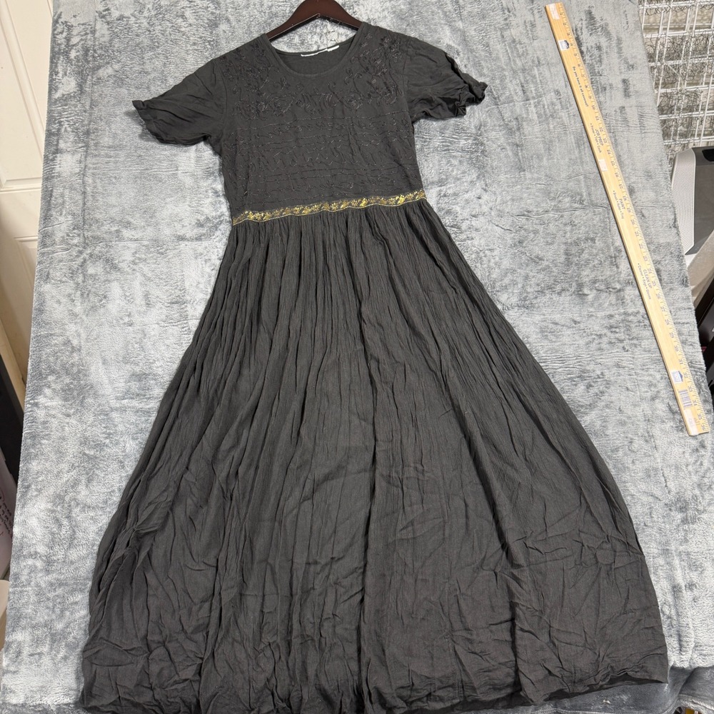 Maxi Dress Women One Size Black‎ Embroidered Short Sleeve Boho